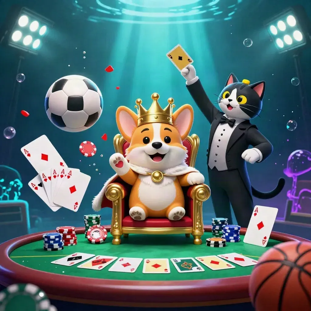 3D corgi en kat-butler op pokerchips, met zwevende ballen en casino-gloed onder water