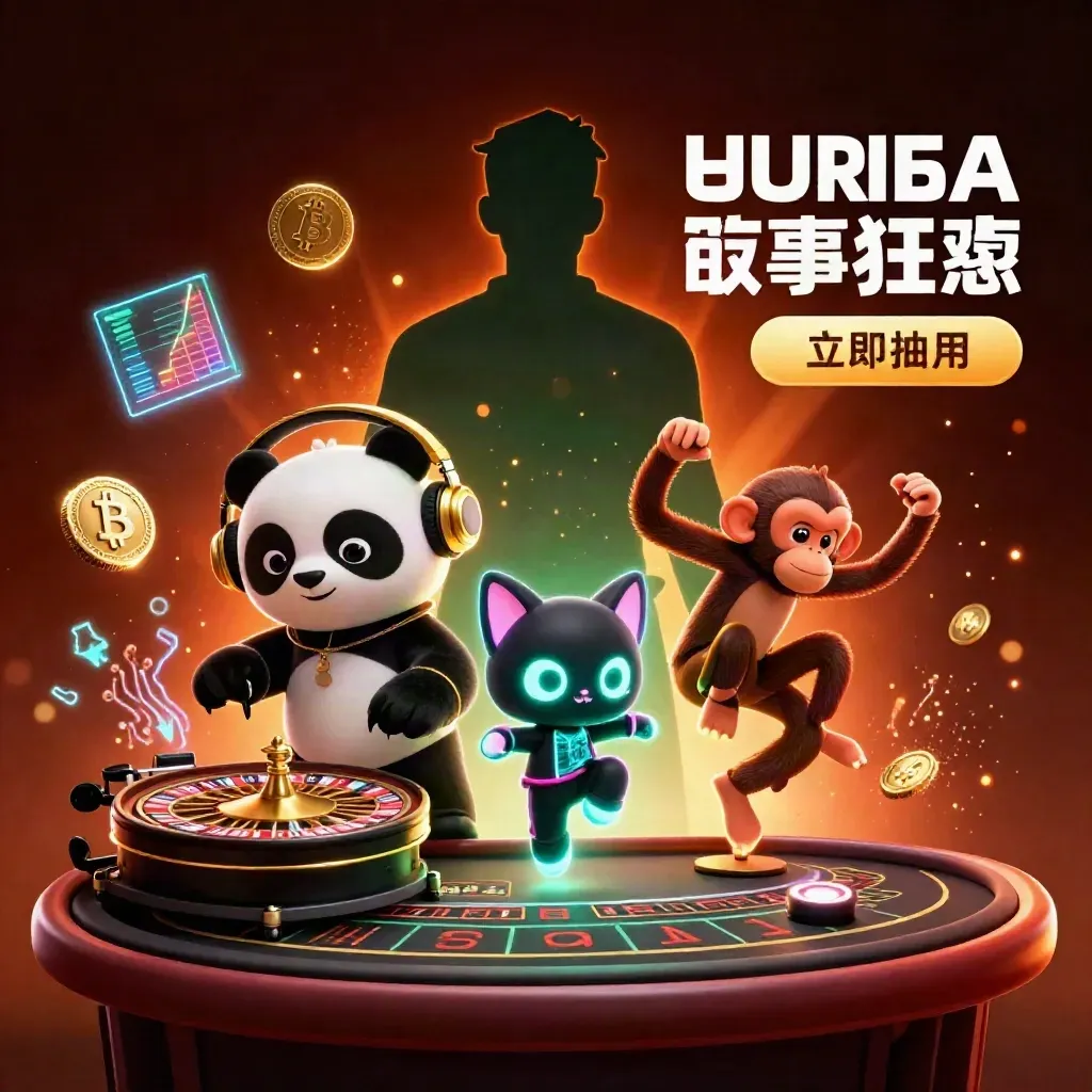 DJ-panda, dansende aap en glow-stick kitten met casinoglans en goudgroen licht.
