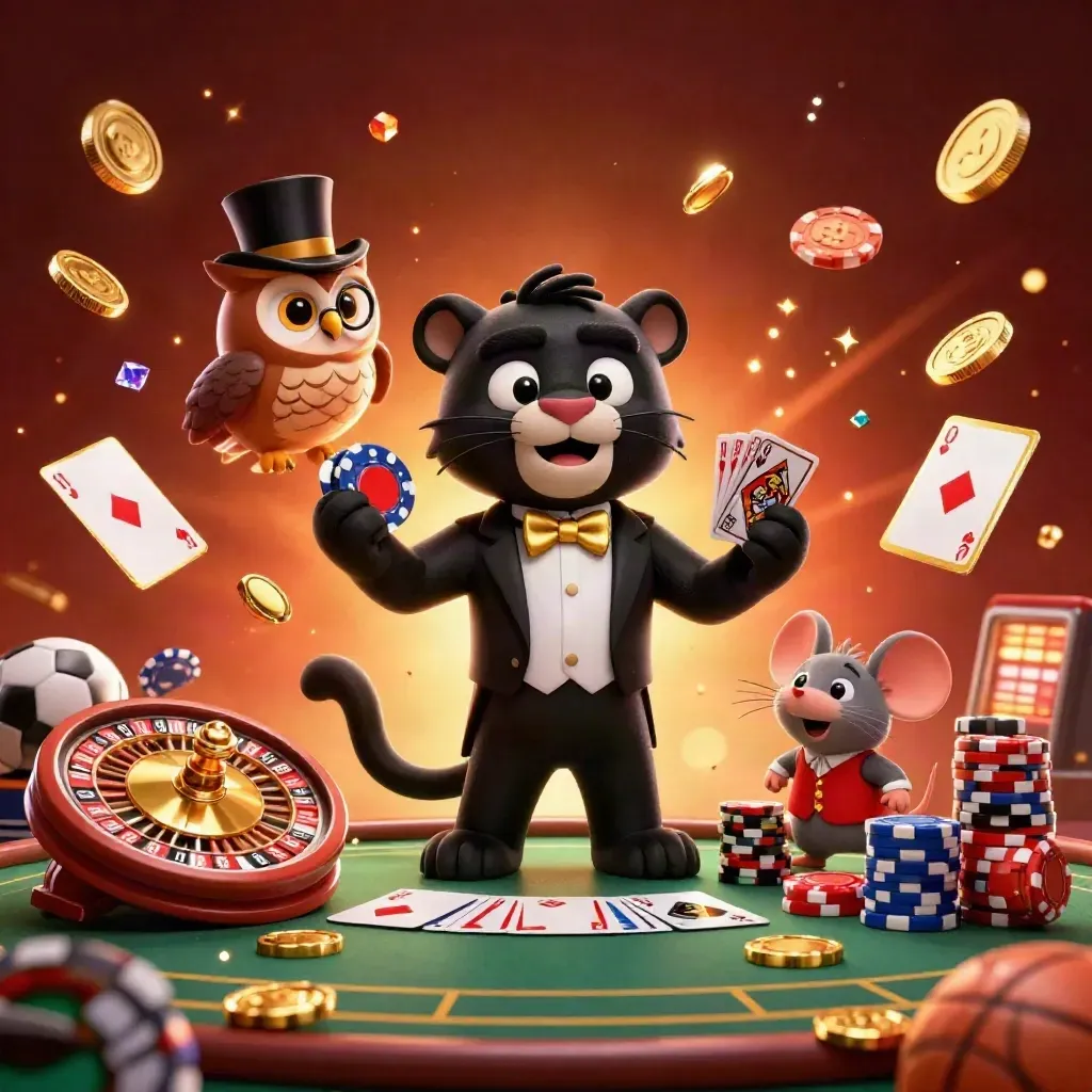 Panter, uil en muis in luxe casino-actie met kaarten, fiches, ballen en goudglans.