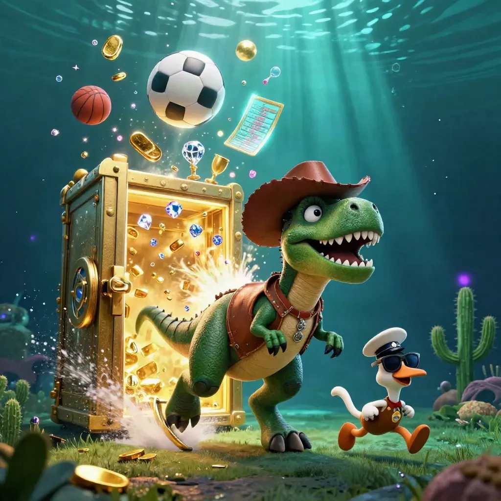 Cowboy T-Rex, cactus en roadrunner bij goudexplosie met zwevende ballen en neonlicht.