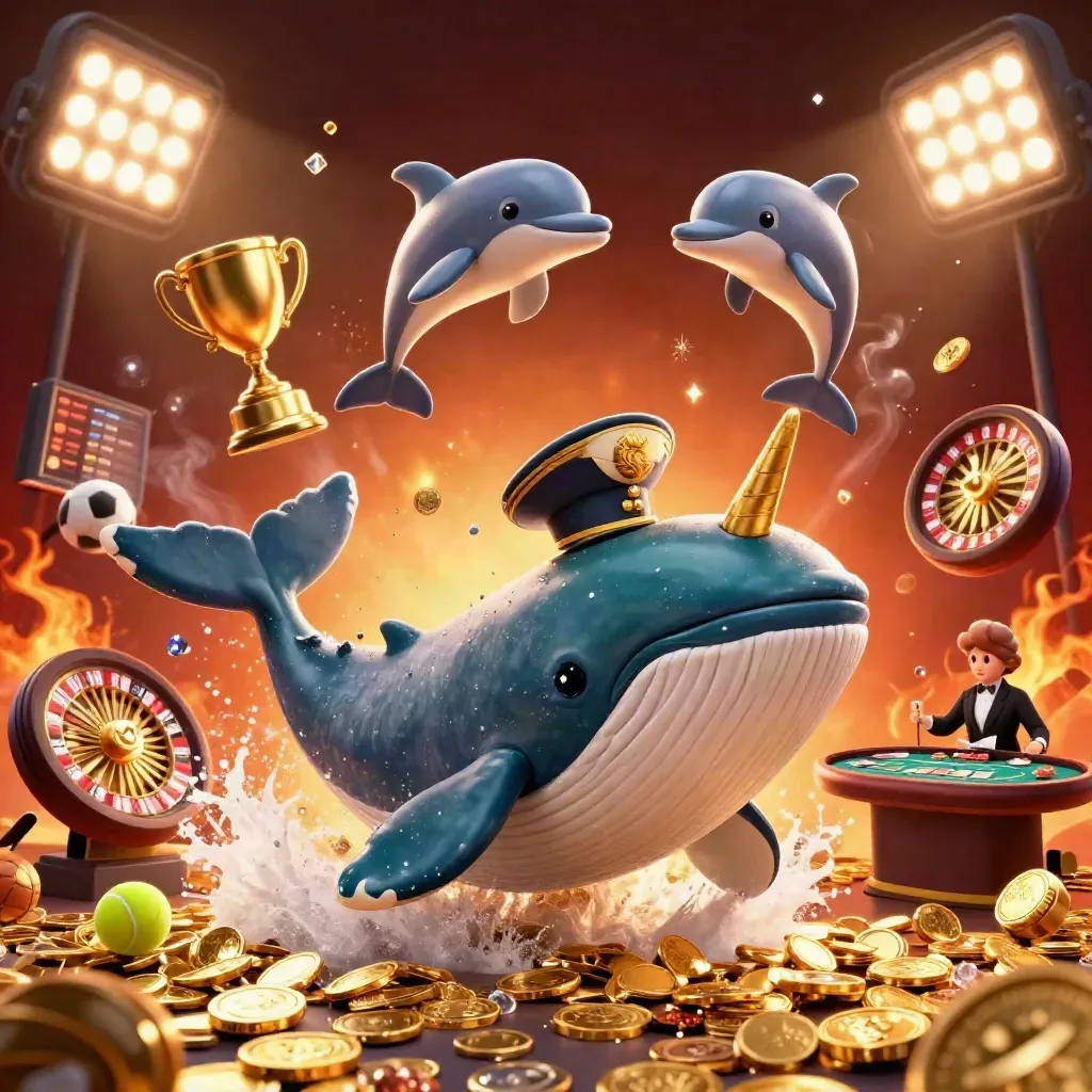 Walvis, narwal en dolfijnen tussen gouden munten en casino-glans in luxe neon