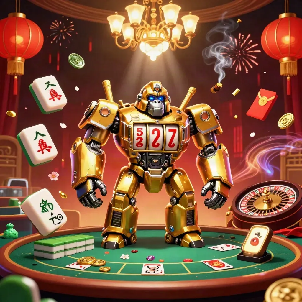 Gouden apen-mech met slotrollen, lanterns en roulette in luxe casinoverlichting.