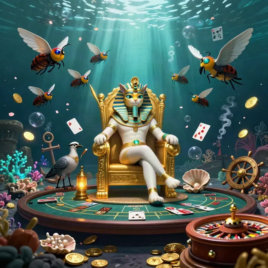 Pharaohkat op troon met ibis, scarabeeën en onderwater casino-goud