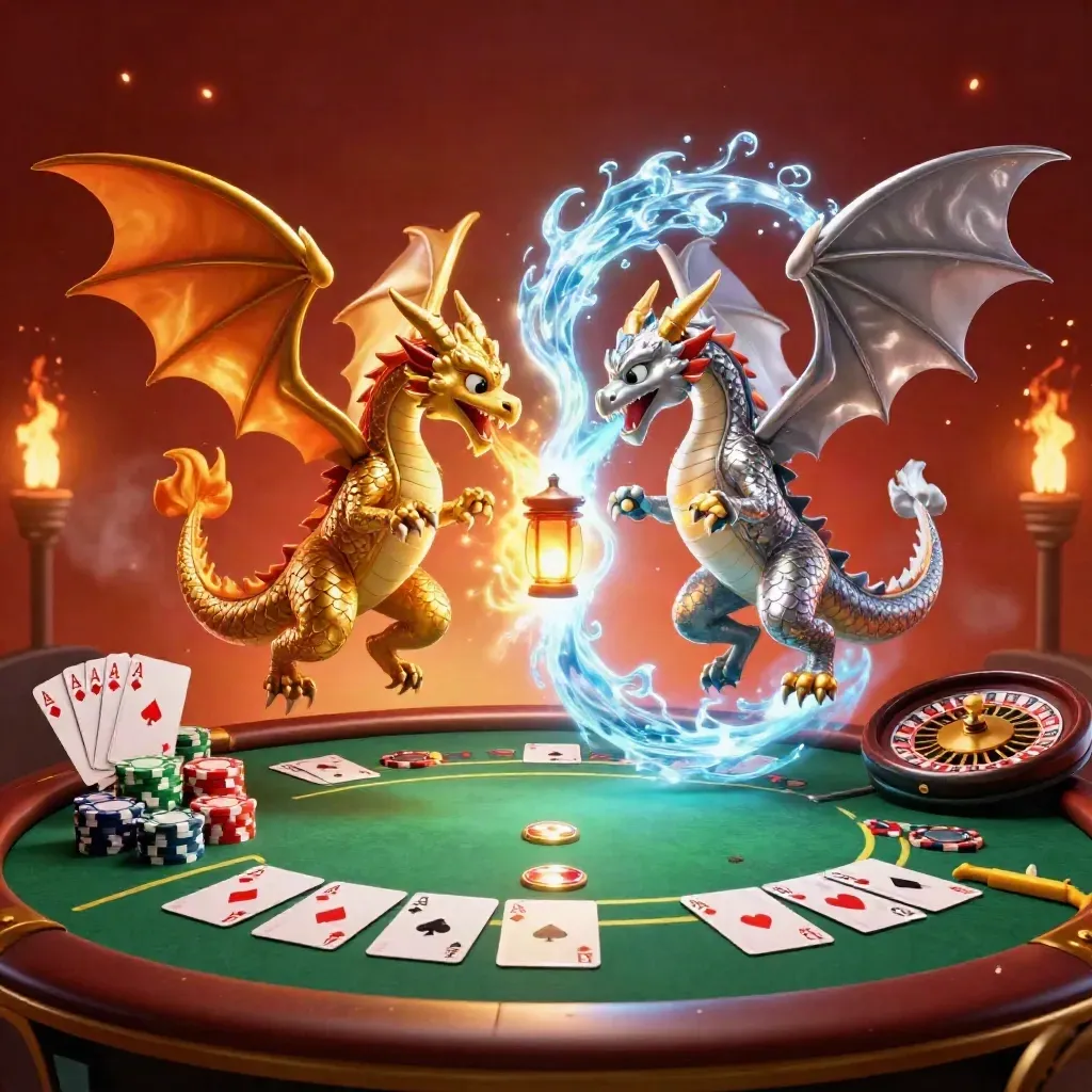 Twee draken, muntgroen en goud, zweven boven een luxe casinotafel met kaartspellen en vuurvonkjes.