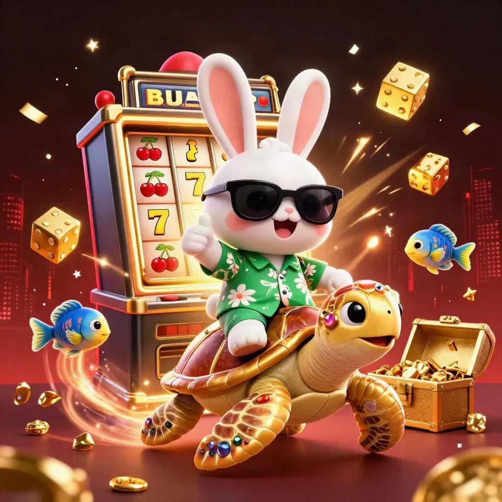 Konijn op gouden schildpad met spelende slot-actie, goud, juwelen en vuurwerk.