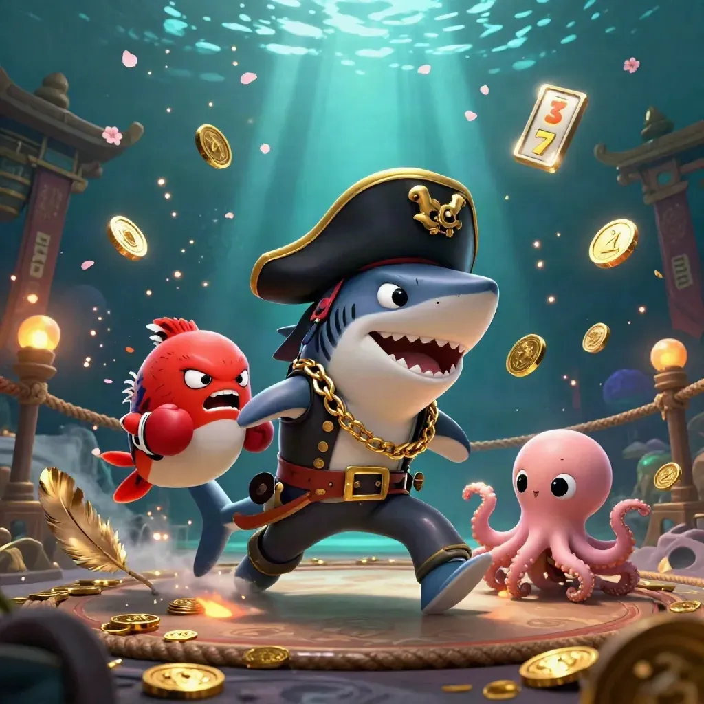 Haai-piraat, woeste kogelvis en baby-octopus in een luxe onderwater casino-scène.