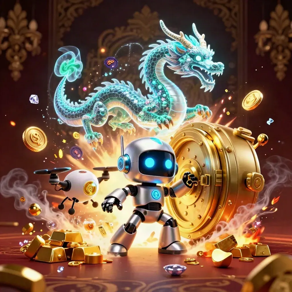 Robot, holografische draak en drone openen een gouden kluis met schatten en groene neon gloed.