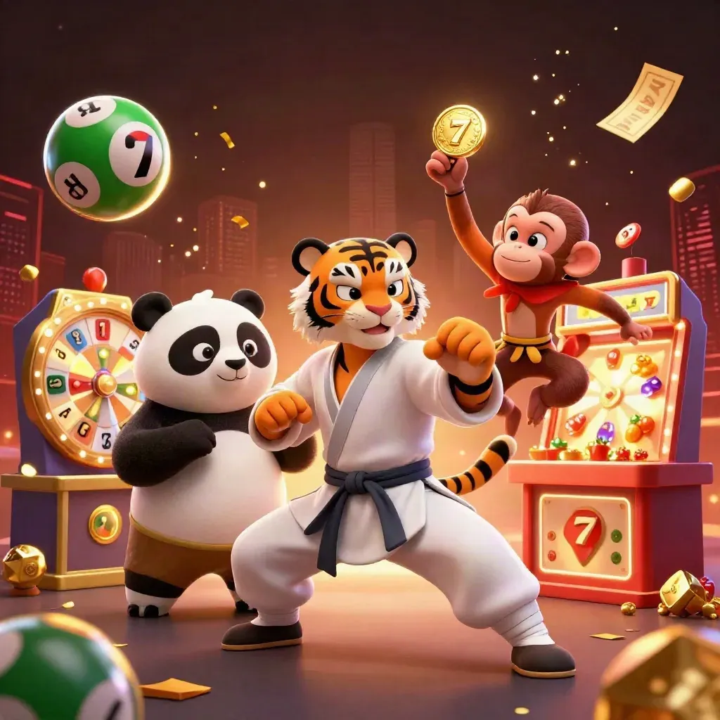 Kungfu-tijger, panda en aap in casino-glam met goud, groen en vallende tokens.
