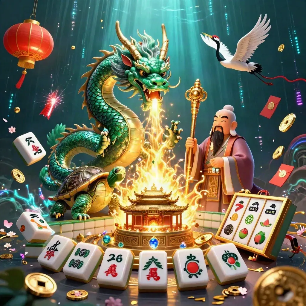 Jade draak, schildpad en kraanvogels met gouden magie, zwevende munten en casino-luxe neon