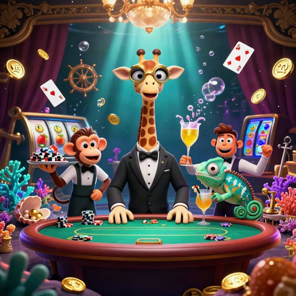 Giraffe in pak, aap en kameleon in luxe casino-onderwater scene met goud en neon