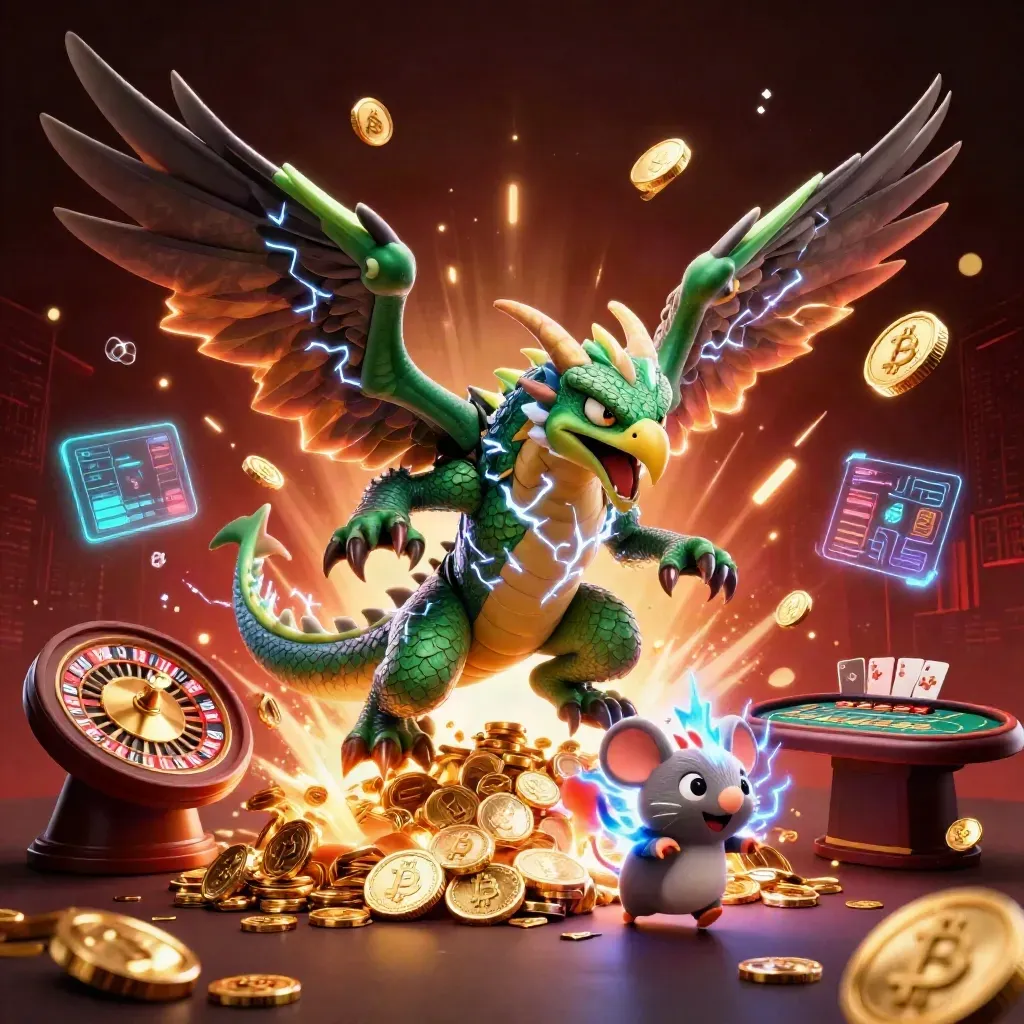 Draak, havik en muis springen uit goud met neon casino-effecten tegen donkerrode achtergrond.