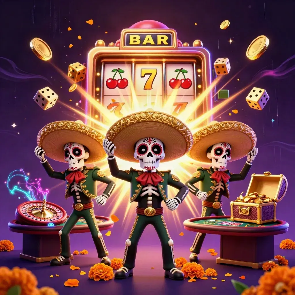 Drie skelet-mariachi’s, slotexplosie, gouden munten en luxe casinogloed in donkere neonstijl.