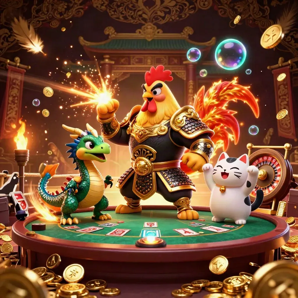 Rooster, draakje en gelukskat tussen gouden munten, tempelpoort en casino-glans.
