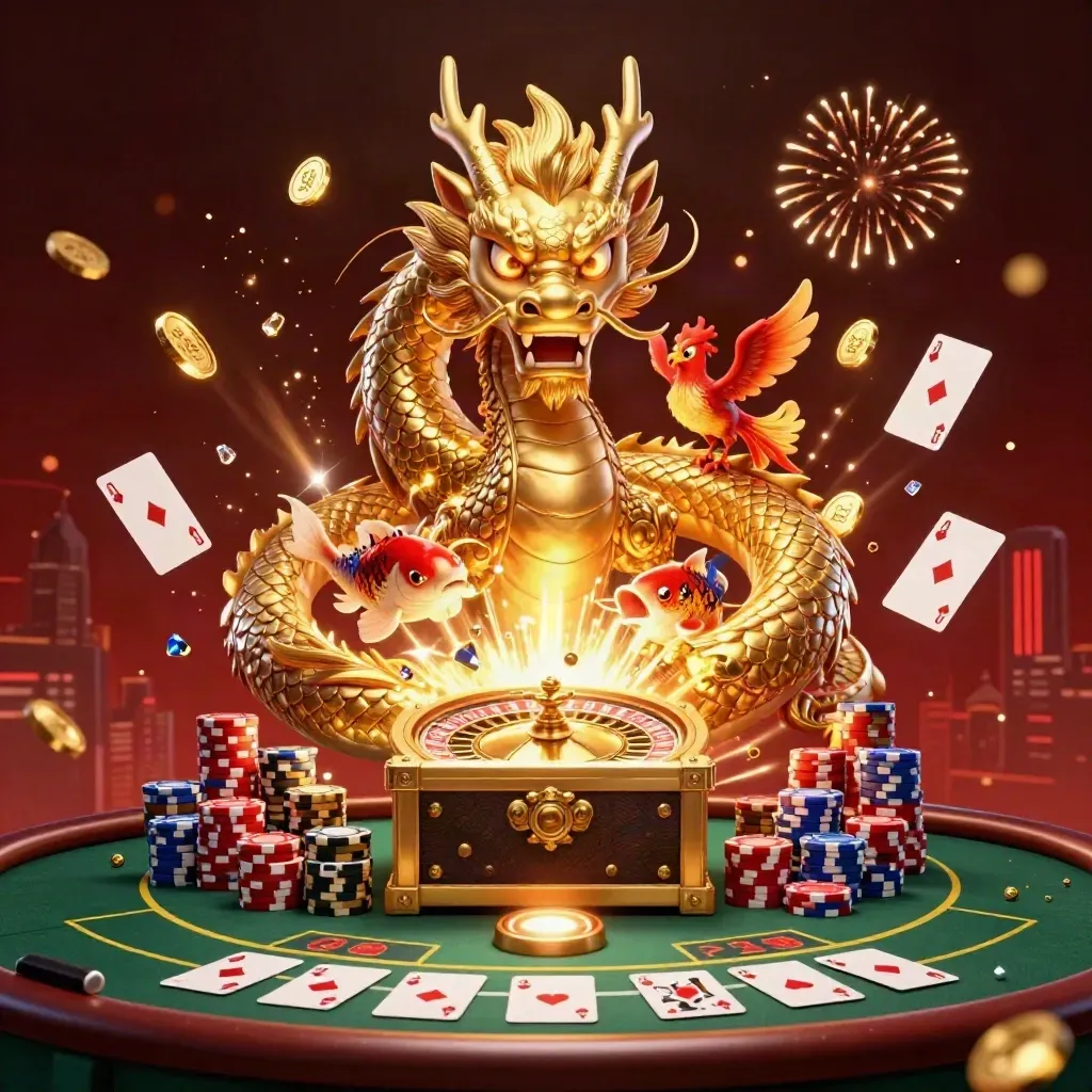 Gouden draak met phoenix, koi, munten, kaarten en roulette in luxe casino-sfeer.