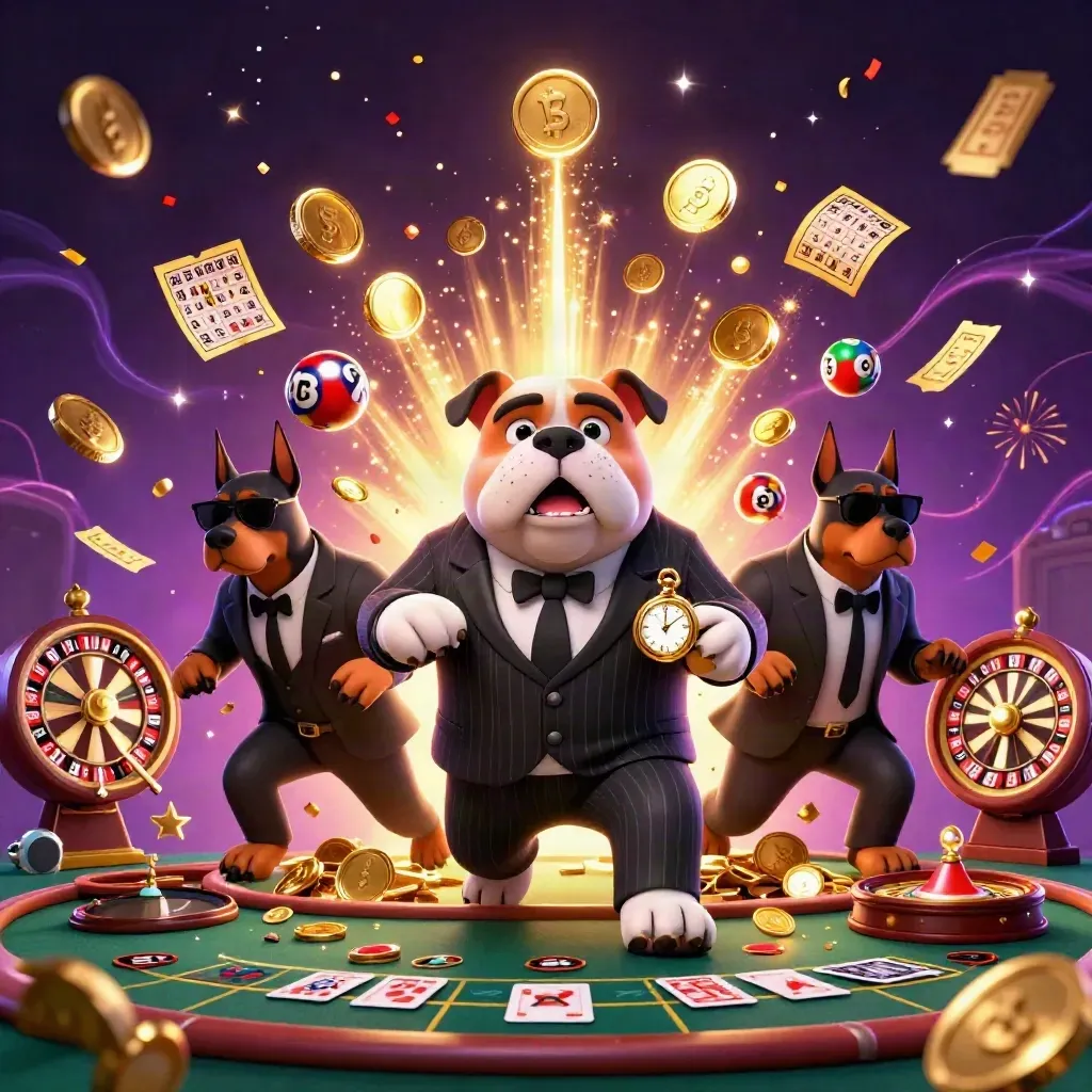 Bulldog-baas en twee dobermans tussen gouden munten, prijzen en vuurwerk in een luxe casino-scène.