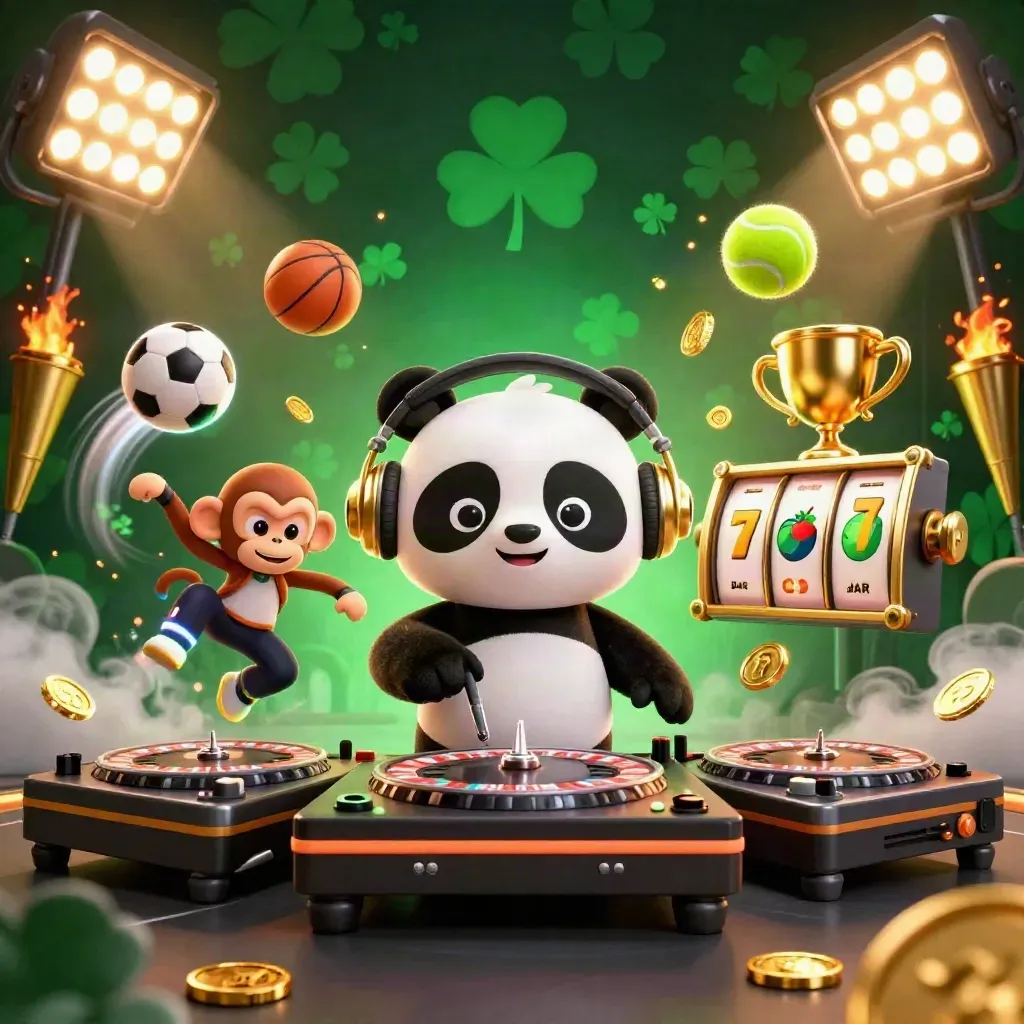3D panda-dj, dansende aap en rave-kitten tussen casino-symbolen in luxe groen en goud.