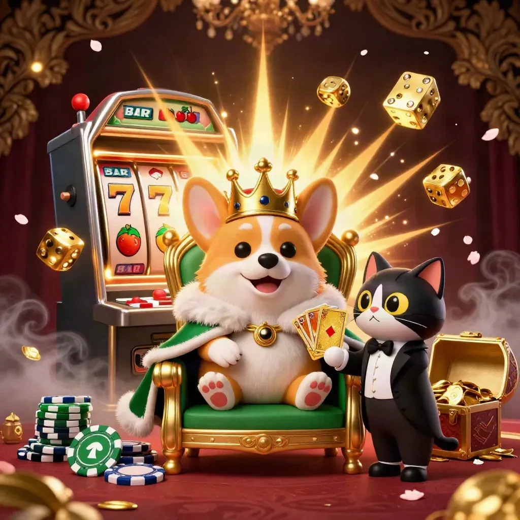 Koninglijke corgi en kattenbutler tussen gokkast, goud, kaarten en chips in luxe casinostijl.