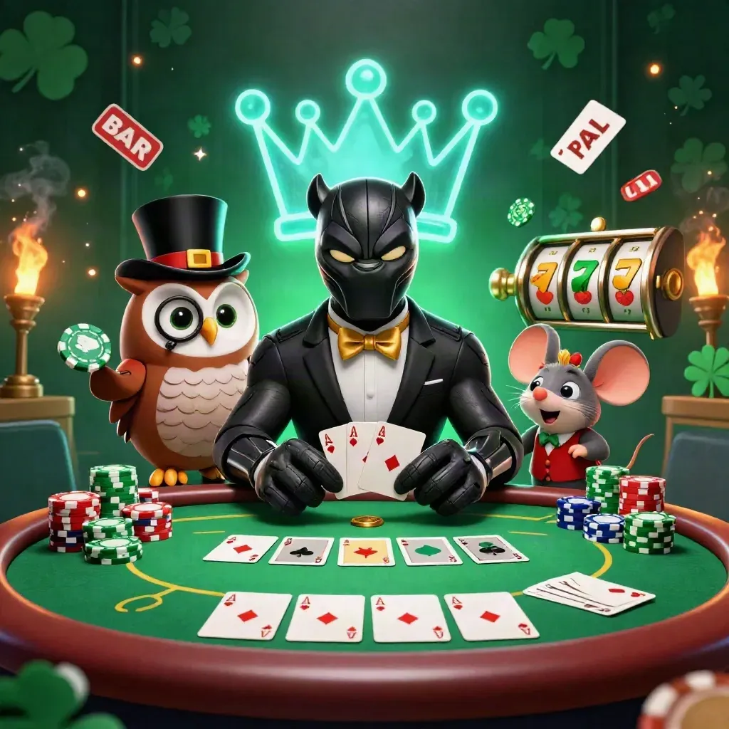 Panter, uil en muis rond een glinsterende aqua-kroon met pokerchips en kaarten.