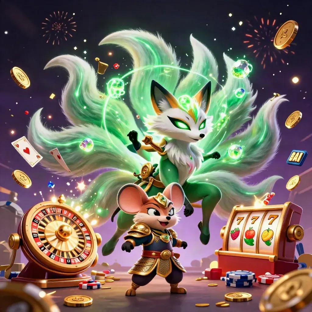 Neon vos met negen staarten en gouden muis tussen casinokoins en fiches, luxe groen-goud.